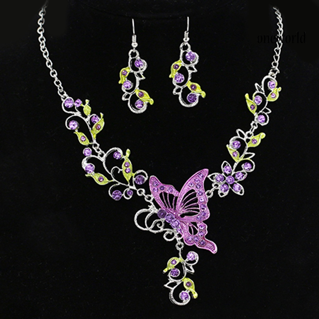 OW@ Lady Bridal Vinatge Butterfly Flower Bib Statement Necklace Earrings Jewelry Set