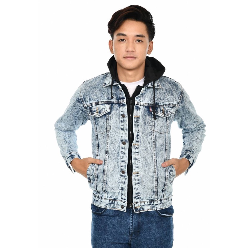 Jaket jeans hoodie pria sanwosh Jaket Jeans berhoodie-penutup kepala combinasi penutup jaket kancing + sleting Sandwash Sanwash Senwos Pria Tebal Style Korea