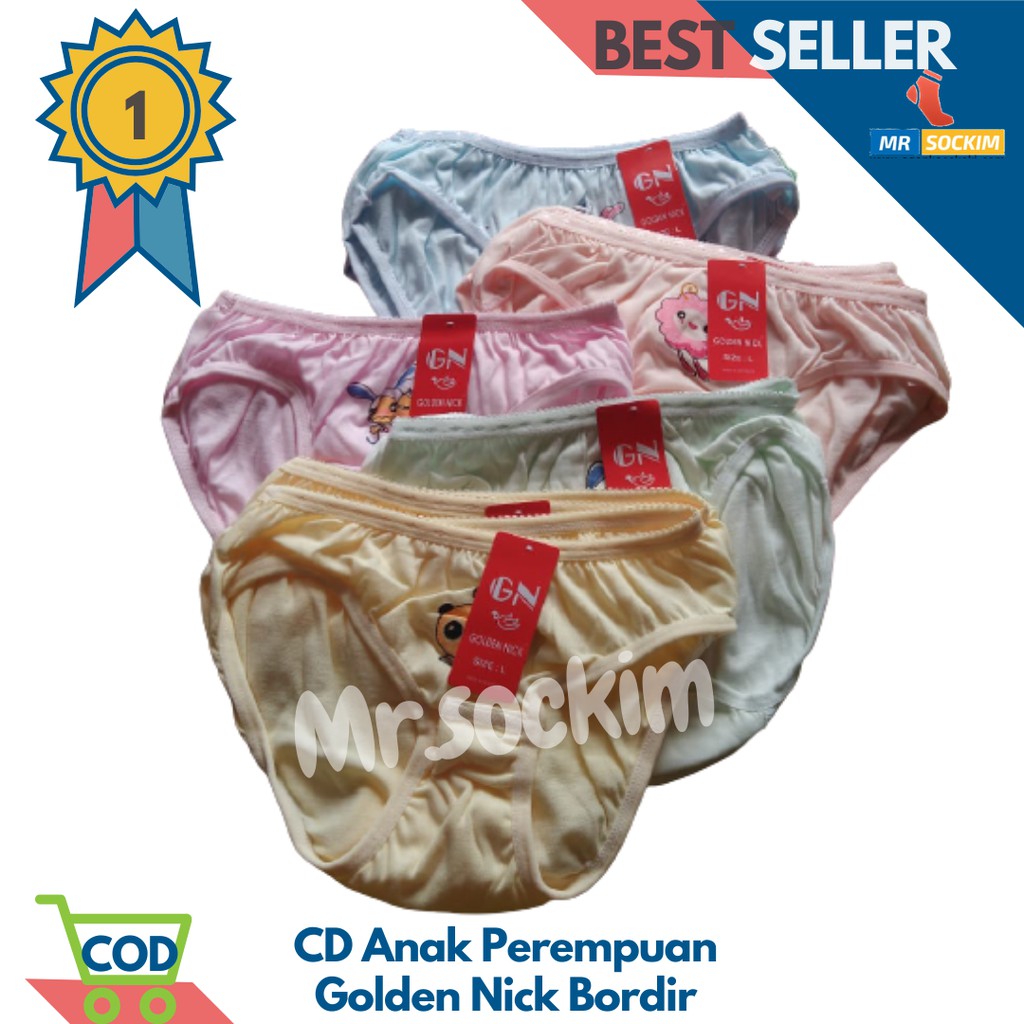 Golden Nick - 5 Pcs Celana dalam anak perempuan katun Polos Bordir | Sablon  multi warna (Usia 3-9 tahun)