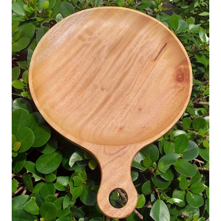 Piring teflon/nampan bulat gagang  25cm kayu mahoni