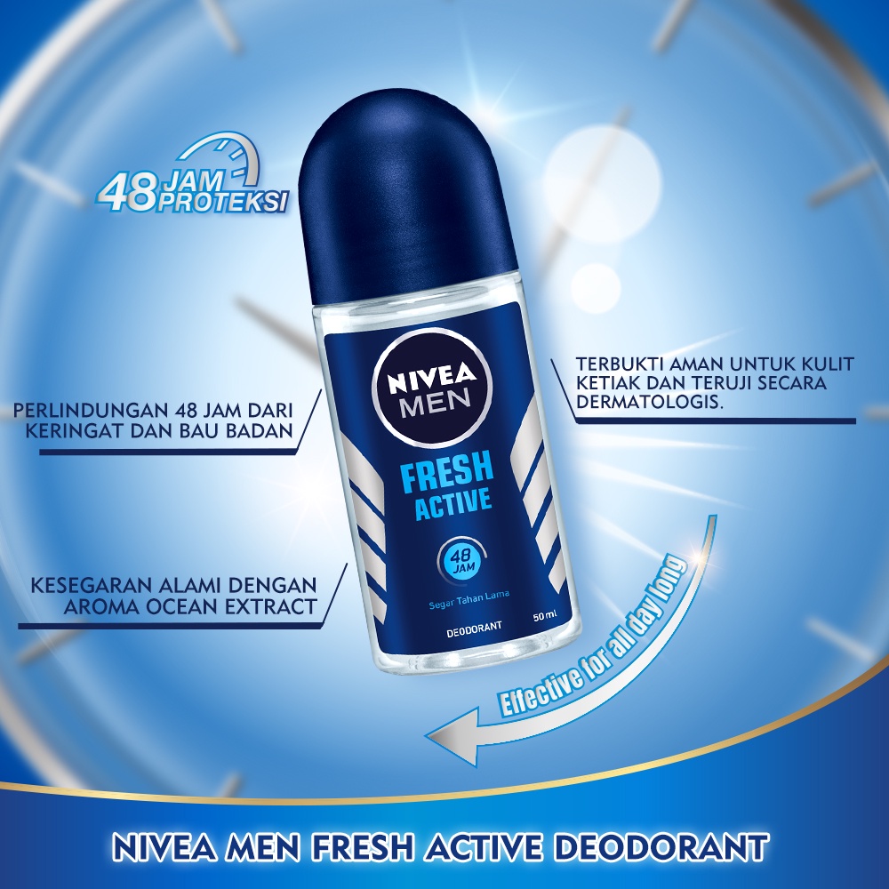 NIVEA MEN Deodorant Roll On Fresh Active 50ml - Menyegarkan dan memberikan perlindungan kulit ketiak
