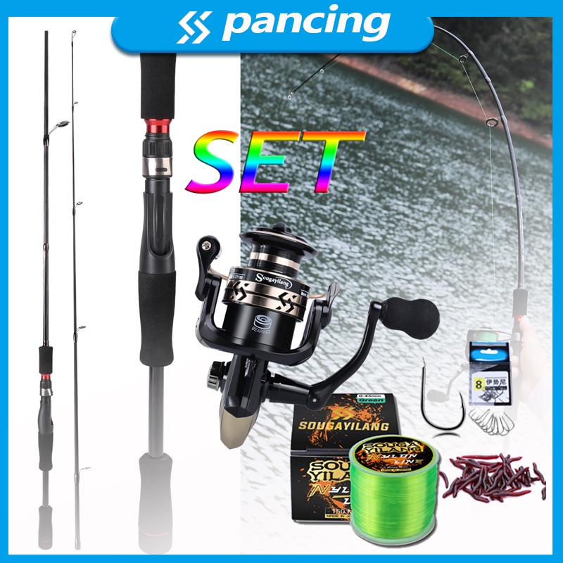 2 Sections Set Pancing Spinnning Fishing Rod Reel Set 1.8m/2.1m Carbon Fiber Fishing Rod and 2 Style Fishing Reel pancing with 150m PE Fishing Line Hooks Fishing Kit Outdoor Sport Travel