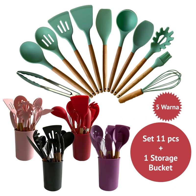 Sutil Silicon Utensil Kayu Isi 12 Pcs / Spatula Tahan Panas Set 12in1 / Alat Masak 12 in 1