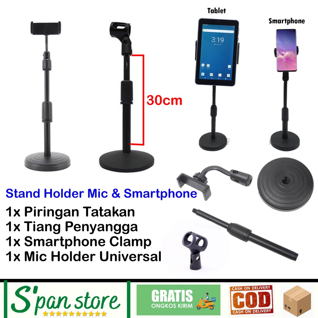 Stand Mic Meja Untuk Podcast Universal + Smartphone Holder