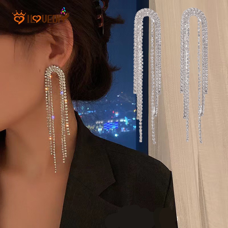 Anting Giwang Panjang Gaya Vintage Korea Dengan Kristal + Berlian Imitasi Untuk Wanita