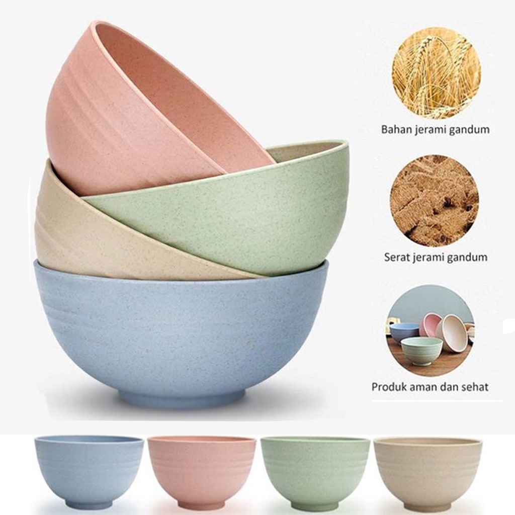 BRGUNIK Mangkok Wheat Straw Bowl dan Piring /Mangkuk Plastik Microwave Warna Warni /Gandum kokoh / BPA Free R654