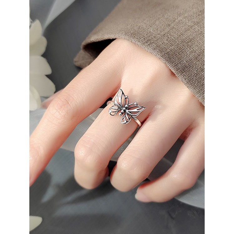 Cincin Model Terbuka Bahan Sterling Silver 925 Desain Kupu-Kupu Hollow Gaya Korea Vintage Untuk Wanita