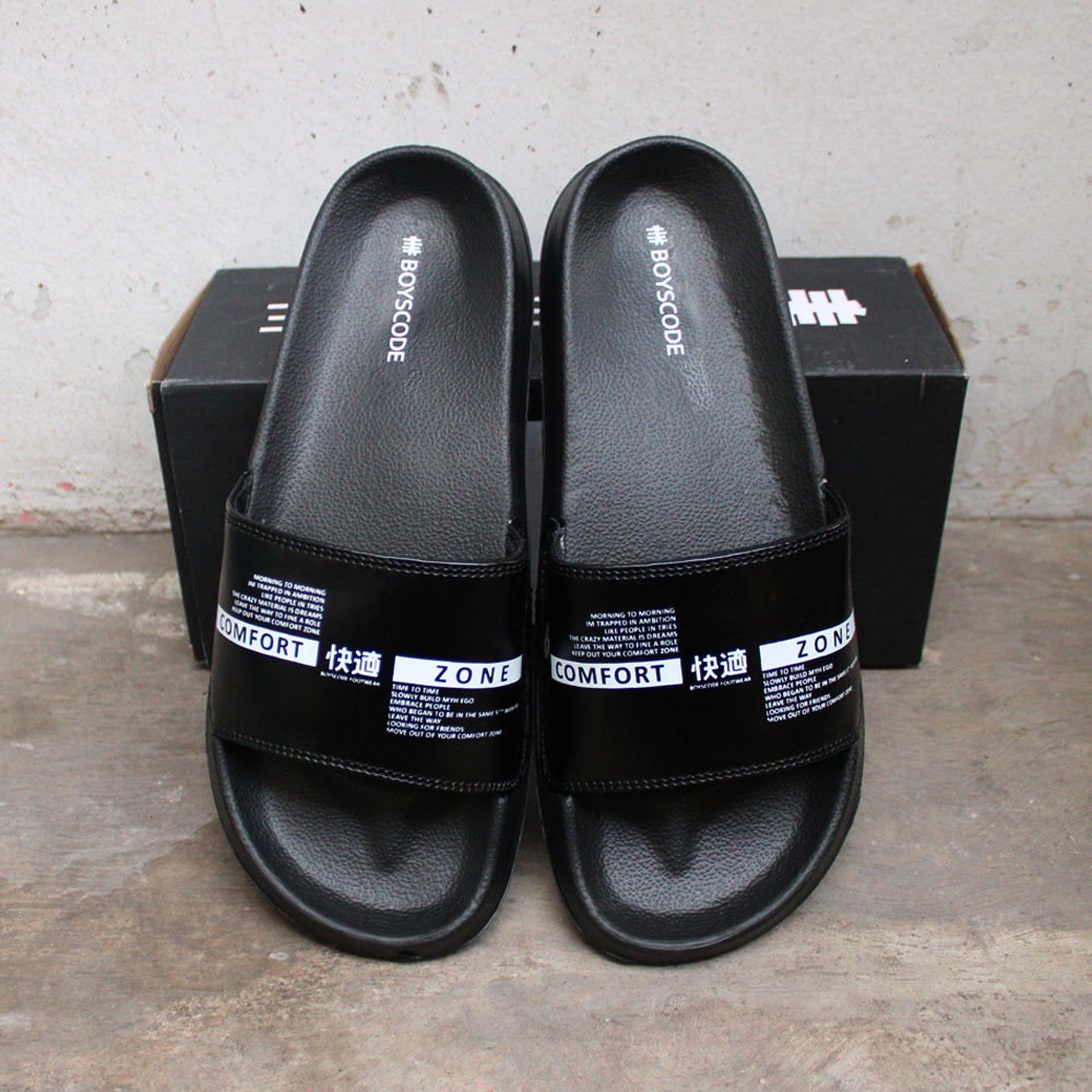 Sendal Selop Casual Pria BOYSCODE Original Comfort Zone Hitam Fullblack / Sendal Slide Pria / Sendal Slip On Pria