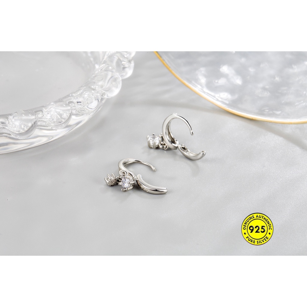 Anting Klip Bahan Sterling Silver Hias Zircon AAA Gaya Simple Untuk Wanita