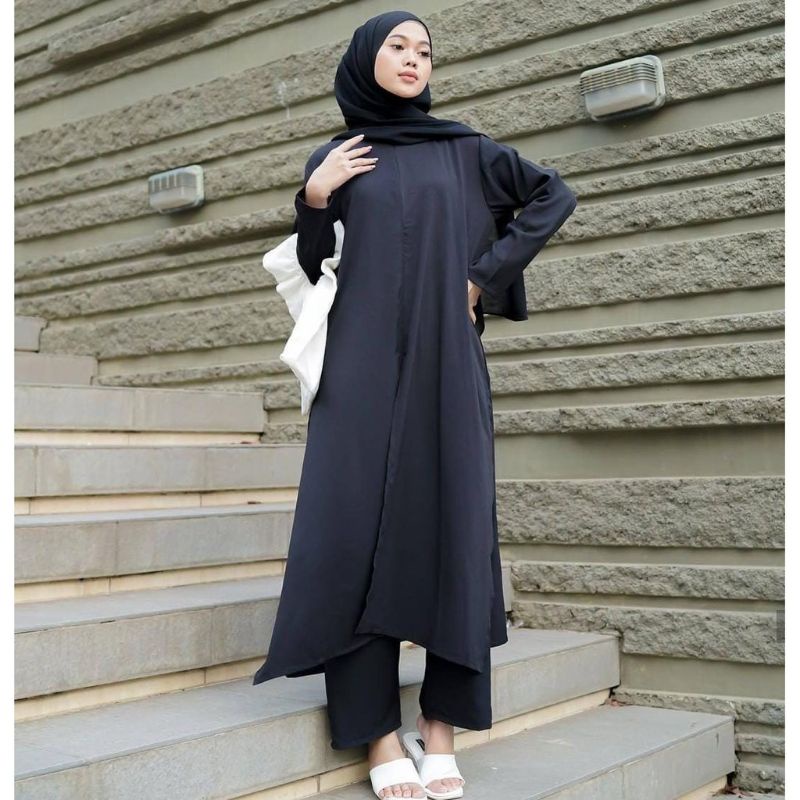 SILVIA LONG TUNIK SET GAMIS PREMIUM / TUNIK SET WANITA / WARNA HITAM MAROON MOCCA LILAC BATA / MONOC