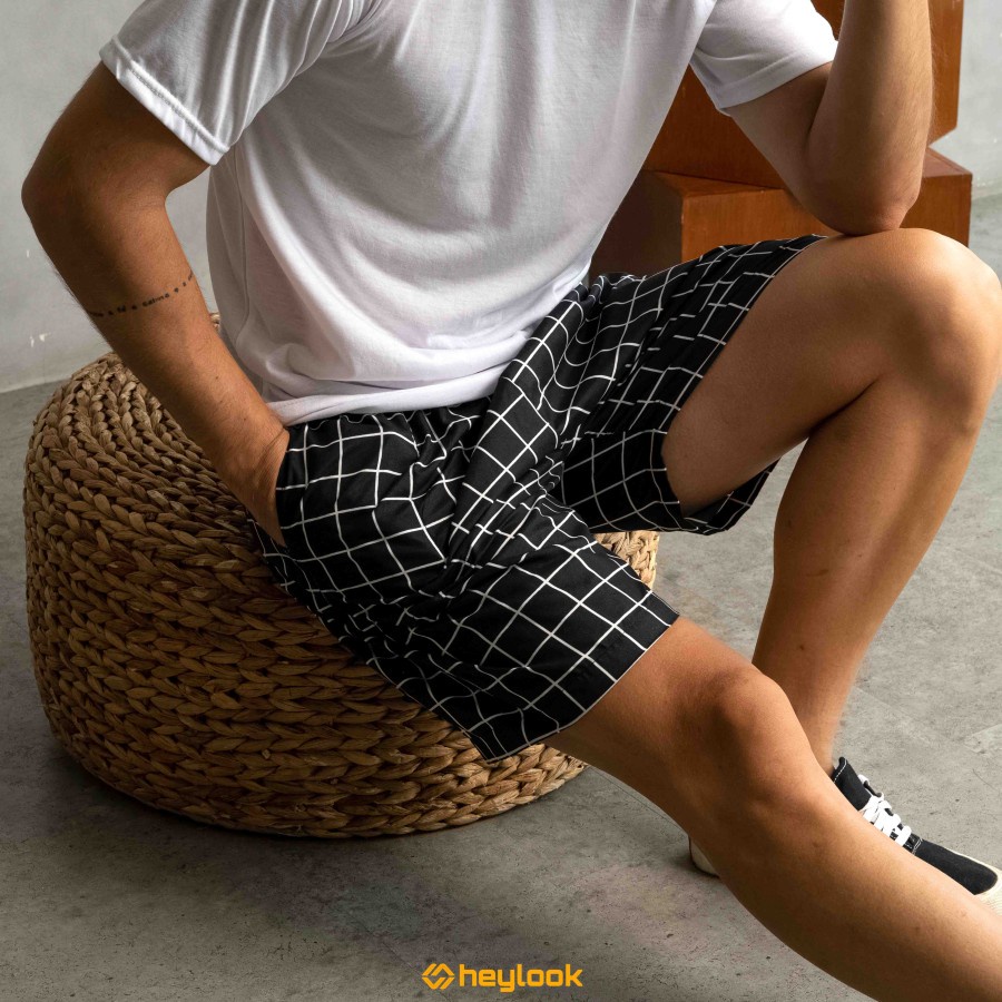 HEYLOOK Project - Celana Pendek Pria Boxer Short Pants Motif SQUARE Celana Kotak Garis Cowok Celana Tartan Santai