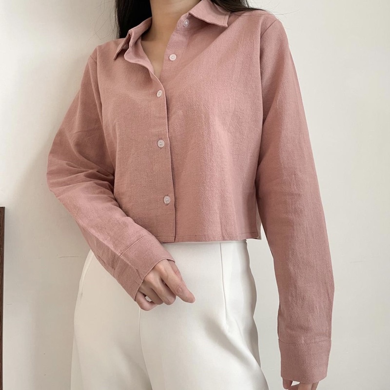 Ceya Top | Kemeja Crop Linen Lengan Panjang | Outer Crop Linen - Atasan Wanita 993-Dusty