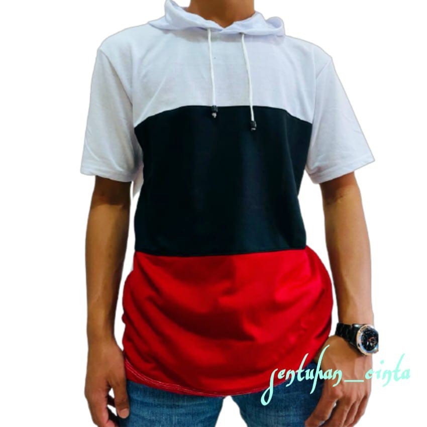 kaos hoodie lengan pendek kaos bertopi polos lengan pendek motif tiga warna