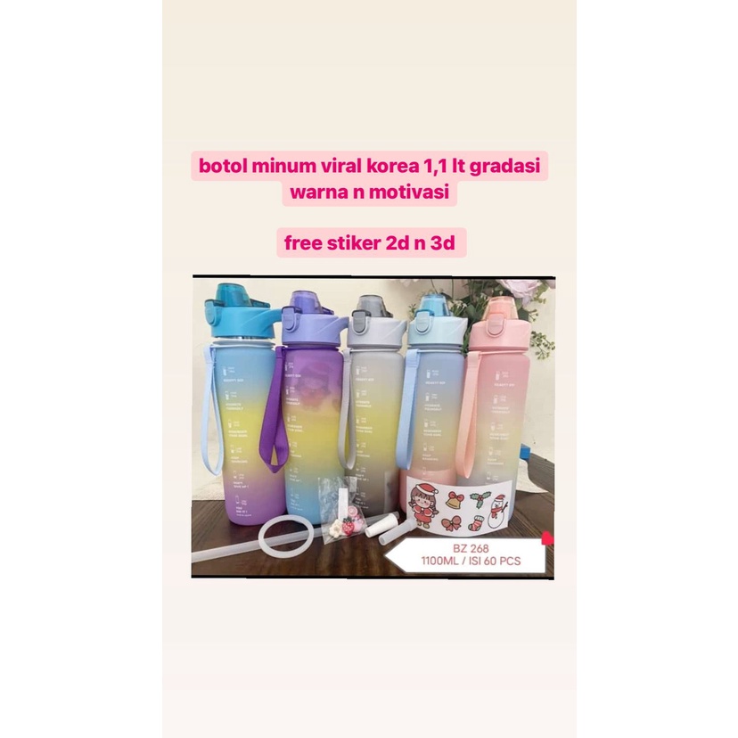 BOTOL AIR MINUM BOTOL VIRAL KOREA GRADASI MOTIVASI 1,1 LT FREE STIKER 2D 3D