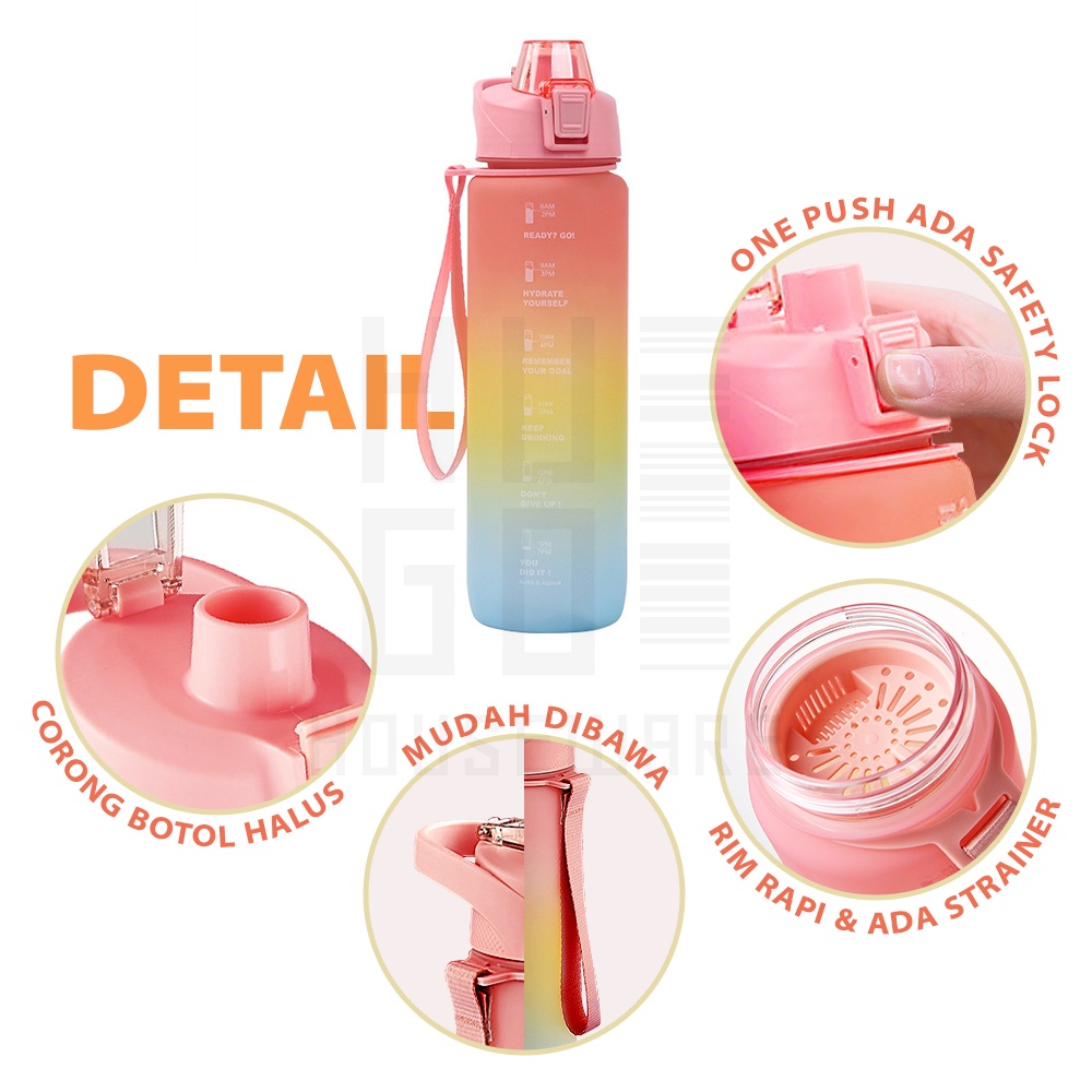 Botol Minum Motivasi Tutup Flip 1 Liter Rainbow Gratis Stiker HUGO