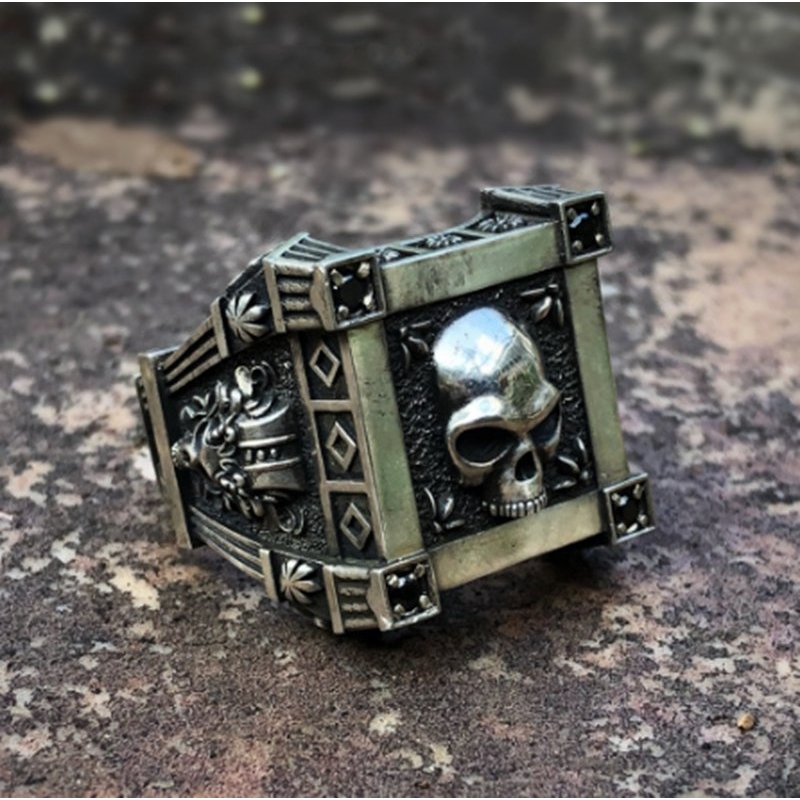 Gothic Skull Flower Black Zircon Crystal Stainless Steel Signet Ring Fashion Mens and Woman Punk