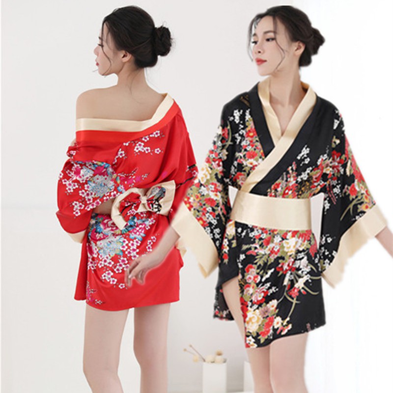 Lingerie Wanita Sexy Sifon kimono Jepang jubah Malam Baju Tidur Set G String A507