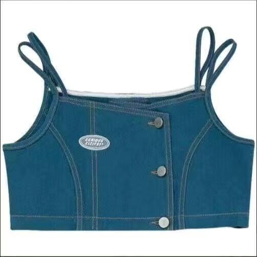 Red Eropa dan Amerika hot girls zipper halter denim kamisol pakaian luar wanita seksi kerah terbuka kembali pendek rompi kecil top