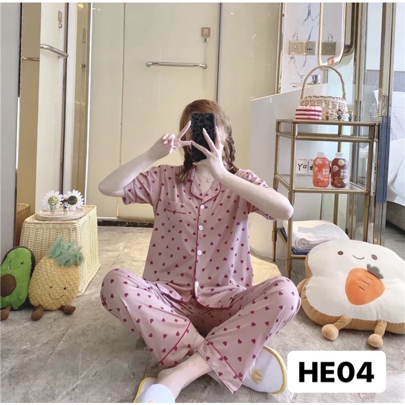 BAJU TIDUR PIYAMA SET KEMEJA CP LENGAN PENDEK CELANA PANJANG IMPORT PREMIUM BANYAK MOTIF Kode HE-3