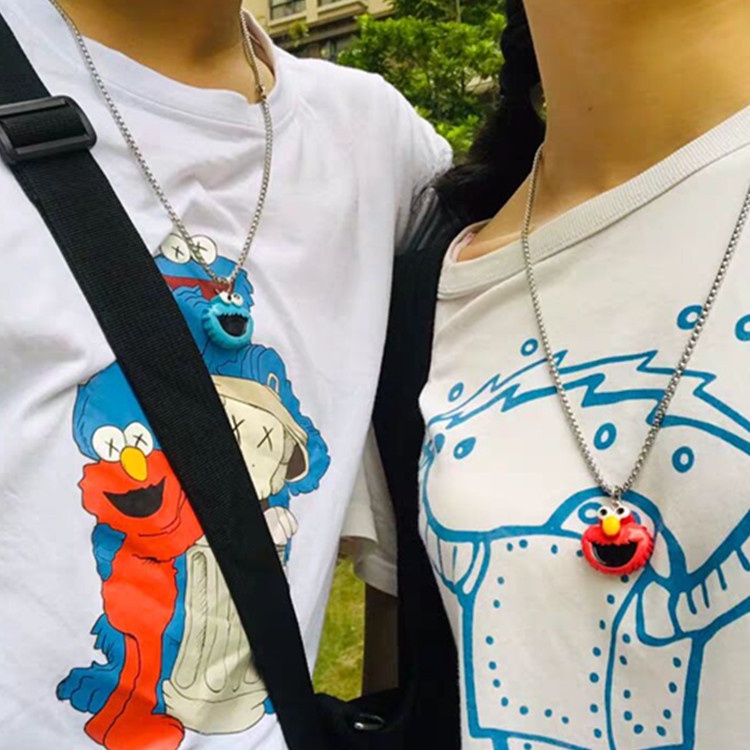 Retro kartun anak imut disco pasangan kalung Merah Biru Sesame Street lucu liontin sweater rantai ka