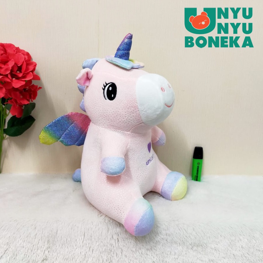 Boneka Sitting Unicorn Gliter Sayap Hati Size 22cm/35cm/kudaterbang