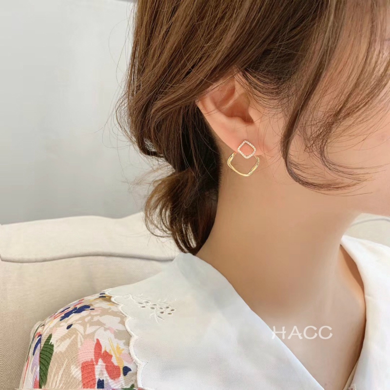 Anting Persegi Geometris Berlian Berkilau lady's simple personality Korean