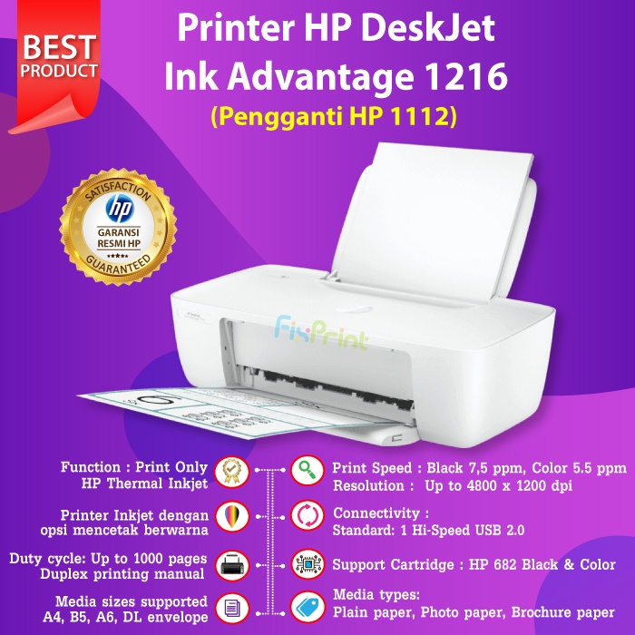 Printer HP Deskjet 1216 Print Only Cartridge Tinta HP 682 Black Color