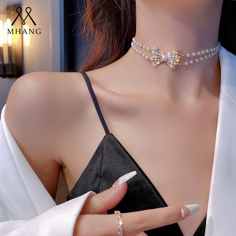 Kalung Rantai Pendek Hias Mutiara Ganda Aksen Berlian