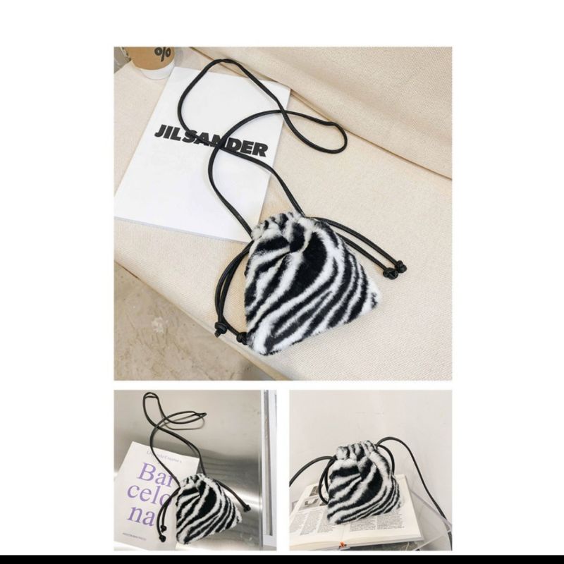 Bng_Tas Selempang Bulu Serut motip Zebra, Loreng, Sapi bahan bulu