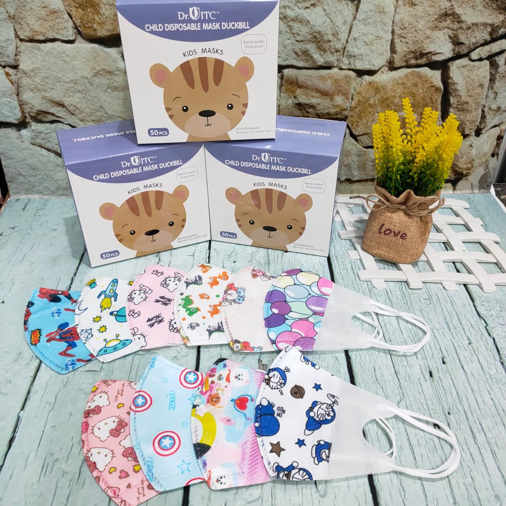 Per BOX 50pcs - Masker Duckbill Anak Dr ITC 3 Ply || Kids Dr.ITC Motif Lucu