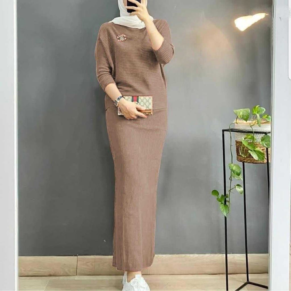 ONESET | SETELAN RAJUT WANITA | BLOUSE BATWING + ROK SPAN PANJANG