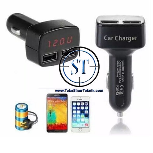 USB Car Charger 4 in 1 Amperemeter, Voltmeter 3.1A Temperatur Suhu