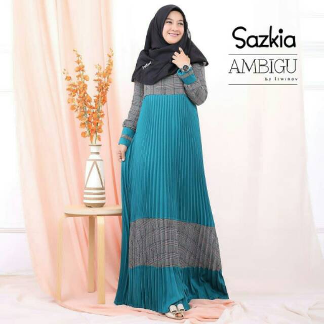 SAZKIA, AMBIGU By IRWINOV GAMIS PLISKET KOMBINASI KATUN FLANEL Kotak Dress Panjang Maxi Maxy Pakaian