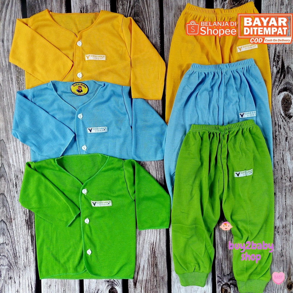 Baju bayi setelan piyama warna polos murah berkualitas Cico Miko 0-3 bulan isi 3 setelan