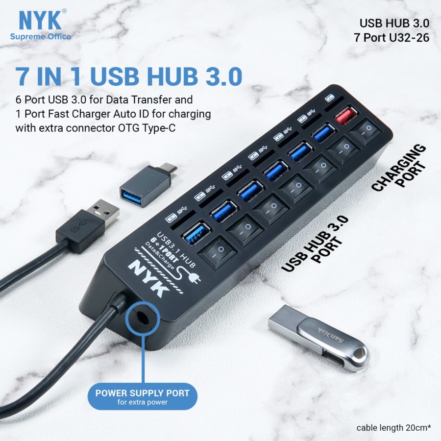 Usb 3.0 hub nyk 7 port on off switch usb3.1 5Gbps free otg type-c with auto id usb charger adapter u3-26