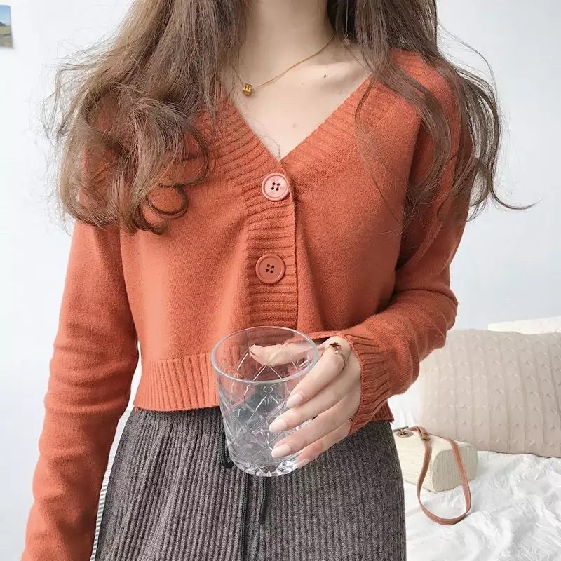 Rajutan Crop Cardigan Wanita Pendek Korea Lengan Panjang Leher V Neck