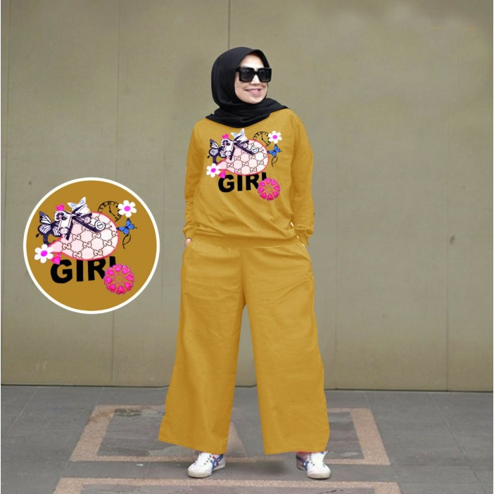 Setelan Muslim Monalisa Set Atas Bawah Stelan Murah Baju Setelan  DI268 Set Jumbo Indah Mustard [Set