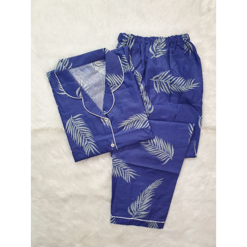 Baju Tidur Piyama Wanita/Cewek Pajamas Dewasa Katun Motif Daun-CP MOCCA NAVY