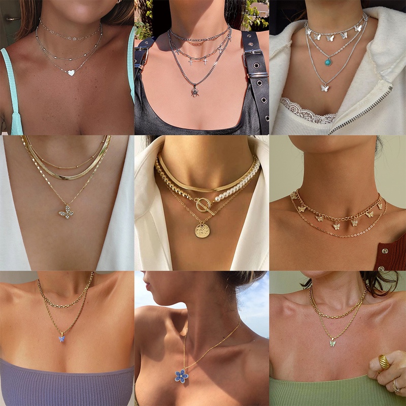 YEEZII Kalung Rantai Multilayer Liontin Kupu-Kupu Hati Mutiara Warna Emas Perak Untuk Wanita