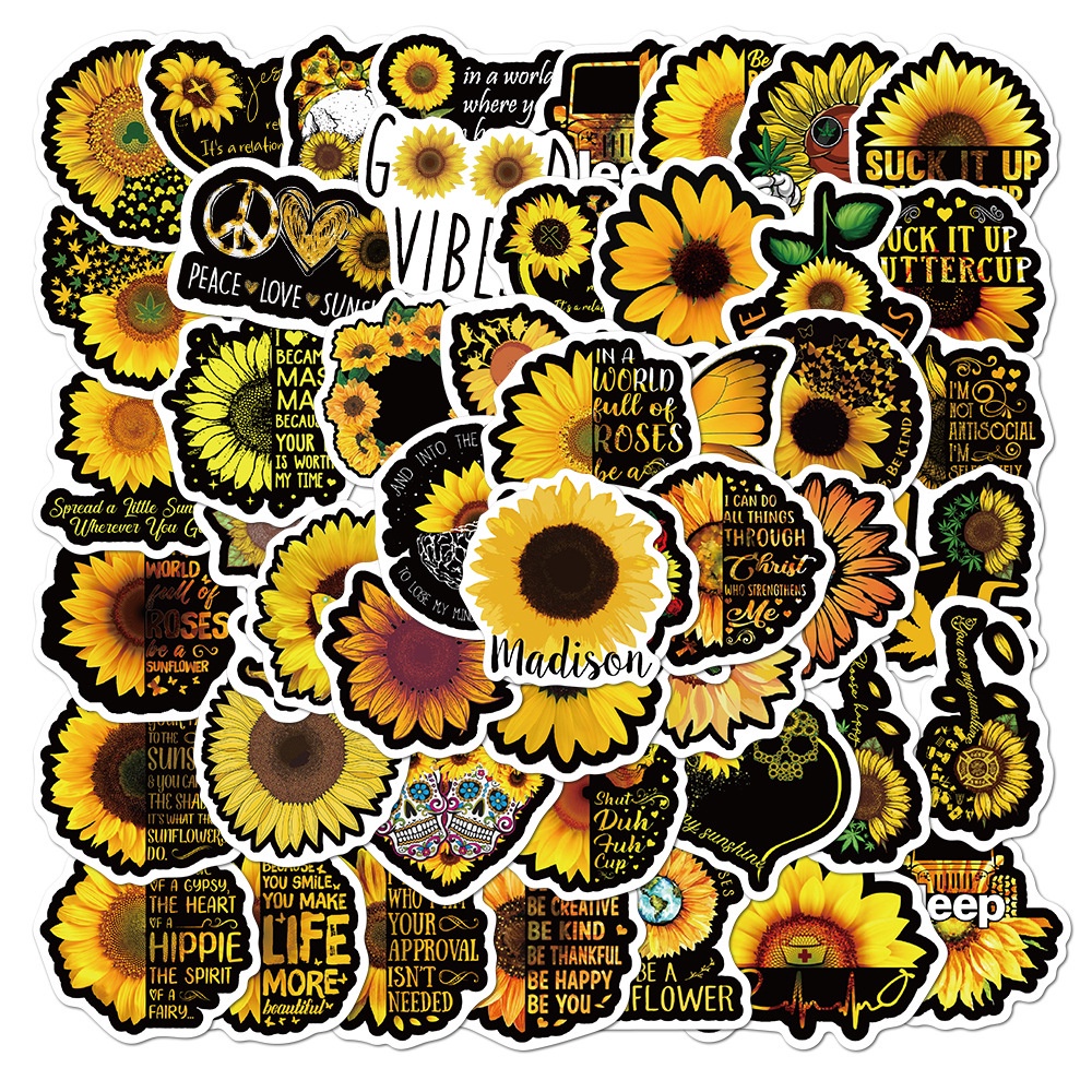 50 Pcs Pvc Waterproof Removable Fashion Sunflower Graffiti Stickers for Car Suitcase Laptop Decoration