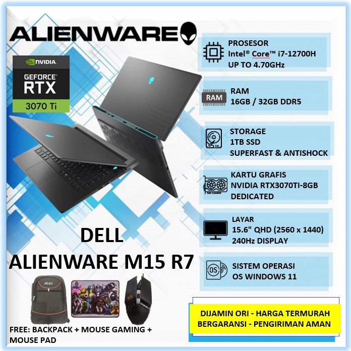 Laptop Gaming Dell Alienware M15 R7 12700H 32GB 1TB SSD RTX3070Ti 8GB 15.6" QHD 240Hz Win11Home Grey