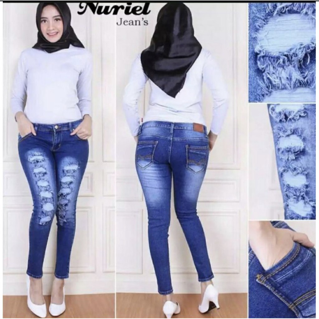 Celana Jeans Panjang Wanita Sobek Tidak Tembus/ Jeans Sobek Distro Wanita Panjang