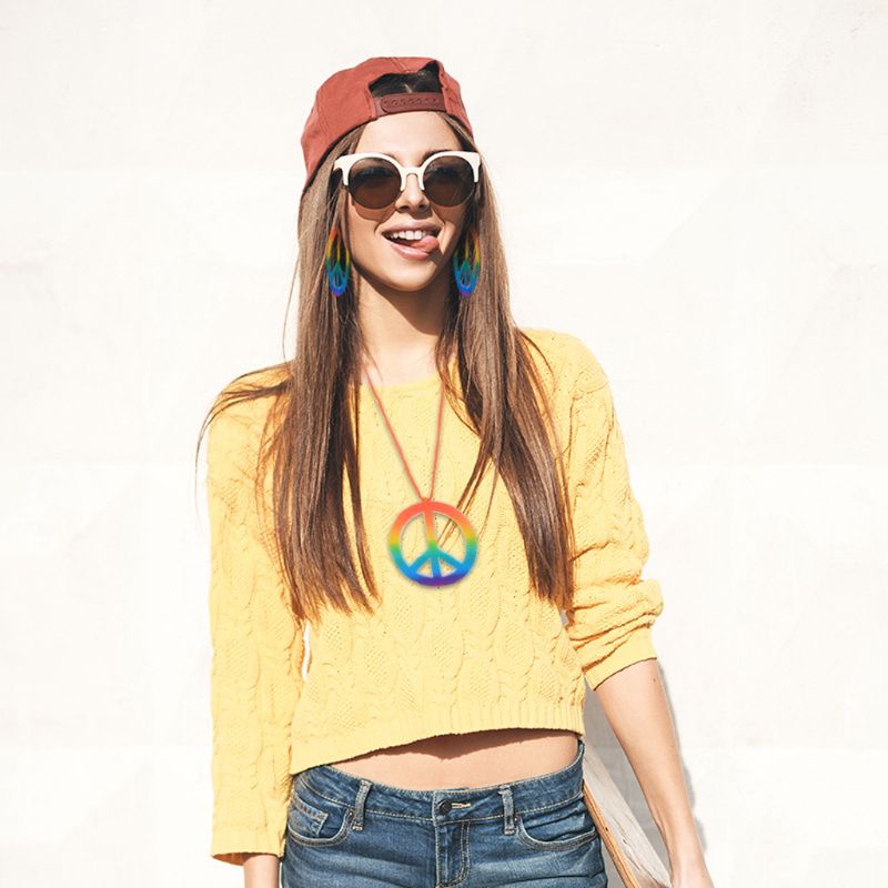 SIY  Hippie Costume Jewerly Set 60s 70s Rainbow Peace Sign Pendant Necklace Earrings