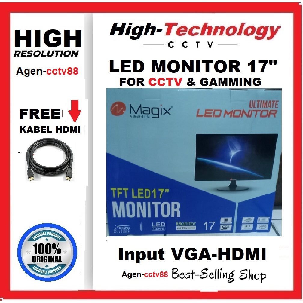 TFT Led Monitor Magix 17Inch input HDMI VGA For CCTV &amp; Gamming+KB-HDMI+Free Tas Batik