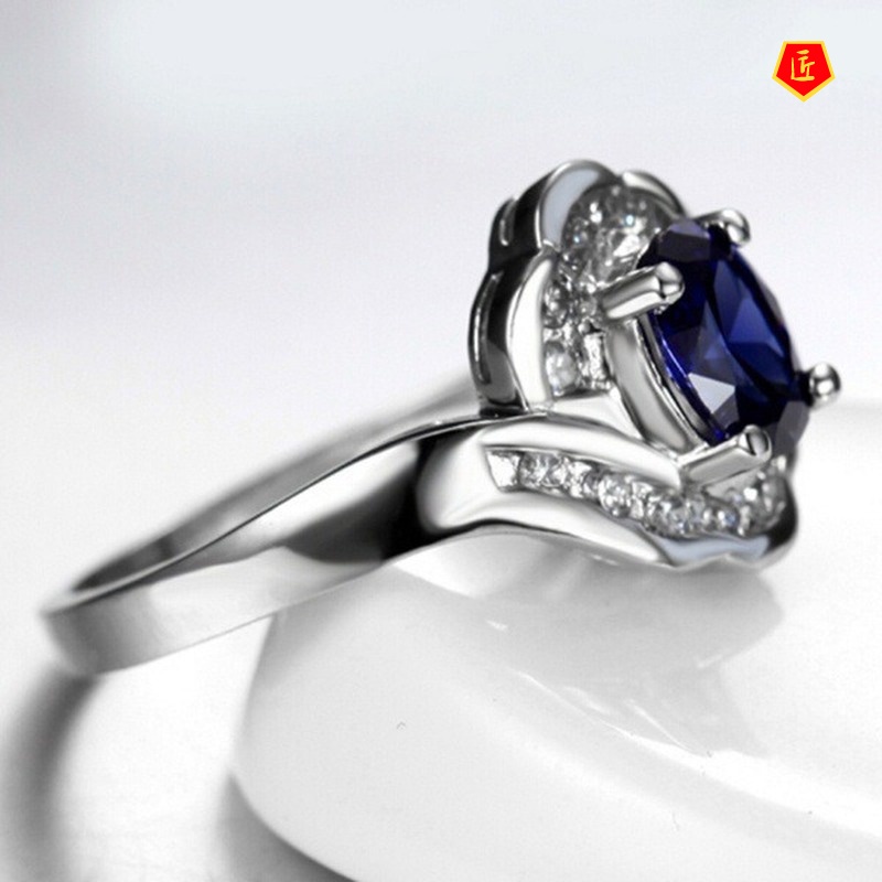 [Ready Stock]Dark Blue Gem Micro Inlaid with Diamond Ring 925 Silver Elegant Personality