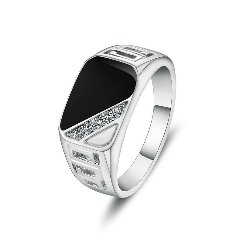 Cincin Enamel Warna Hitam Silver Gaya Kasual Klasik Untuk Pria