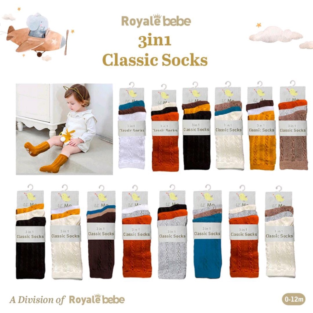 ROYALE BEBE LIL ME CLASSIC SOCKS 3IN1 0-12 BULAN / KAOS KAKI BAYI