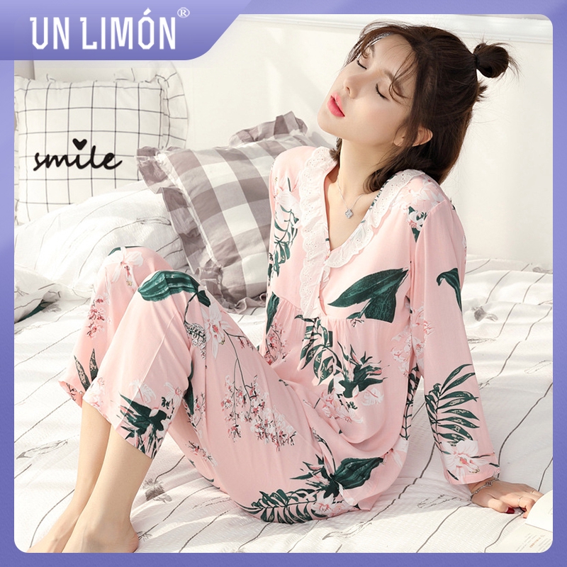 Set Piyama Wanita Lengan Panjang Model V Neck Versi  Korea 