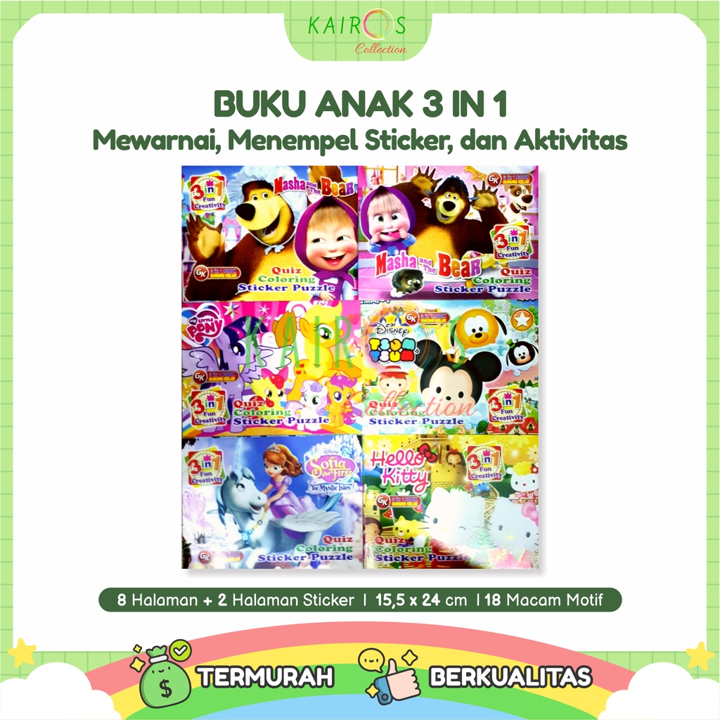 Buku Mewarnai, Menempel Sticker, Aktivitas Anak 3 In 1