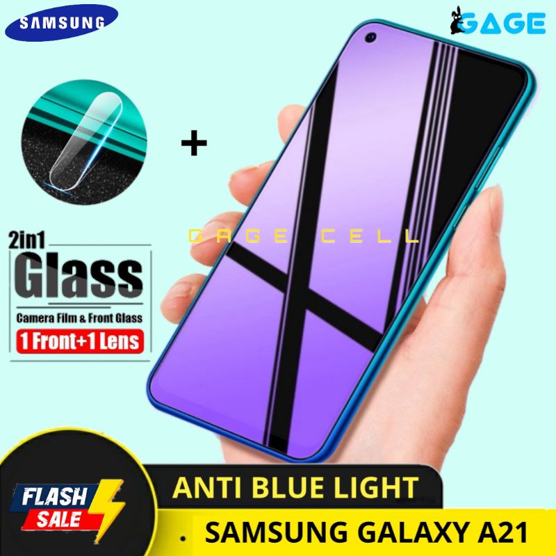 2in1 TEMPERED GLASS ANTI BLUE LIGHT SAMSUNG GALAXY A21 TG ANTI GORES RADIASI FULL SCREEN PROTECTOR